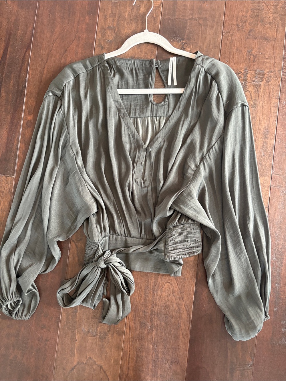 Women's Olive Wrap Blouse with Tie Waist